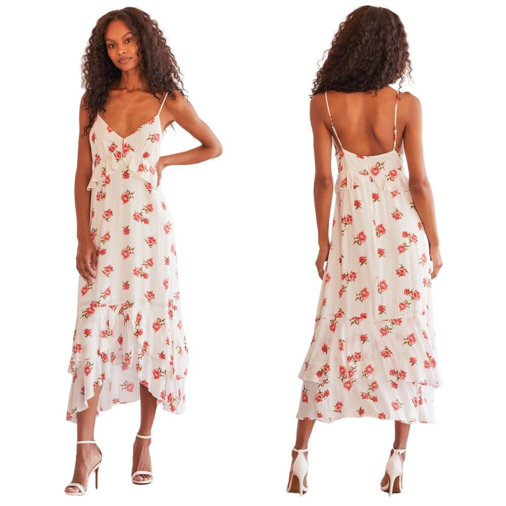 Lulus Dress Womens Medium White Red Catch Your Breeze Midi Floral Ruffle Slip